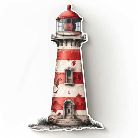 Cute Kawaii Stickers Serene Lighthouse Beaming Gentle Light on White Background (117)