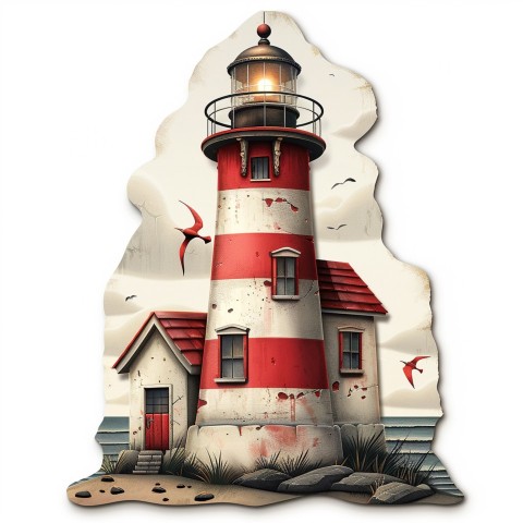 Cute Kawaii Stickers Serene Lighthouse Beaming Gentle Light on White Background (105)