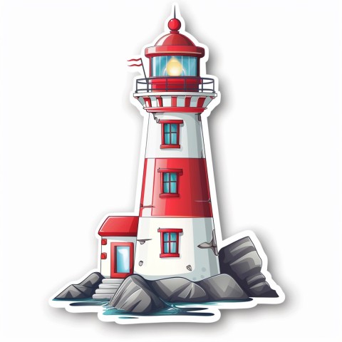 Cute Kawaii Stickers Serene Lighthouse Beaming Gentle Light on White Background (136)