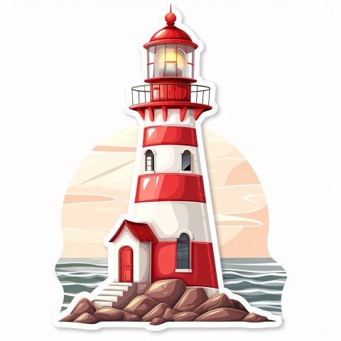 Cute Kawaii Stickers Serene Lighthouse Beaming Gentle Light on White Background (134)