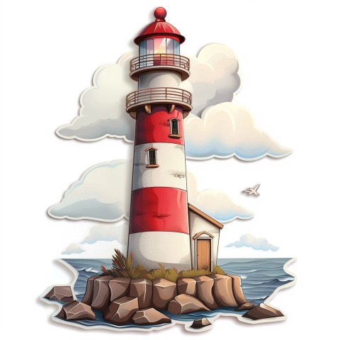 Cute Kawaii Stickers Serene Lighthouse Beaming Gentle Light on White Background (135)