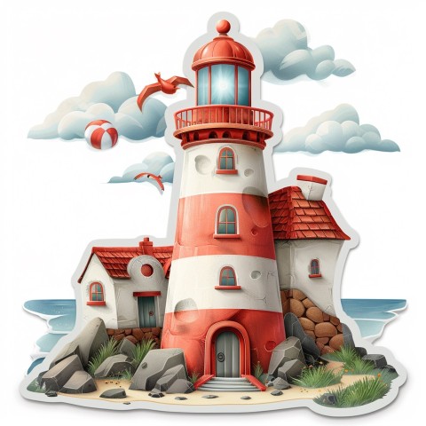 Cute Kawaii Stickers Serene Lighthouse Beaming Gentle Light on White Background (128)