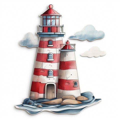 Cute Kawaii Stickers Serene Lighthouse Beaming Gentle Light on White Background (132)