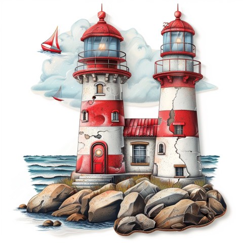 Cute Kawaii Stickers Serene Lighthouse Beaming Gentle Light on White Background (121)