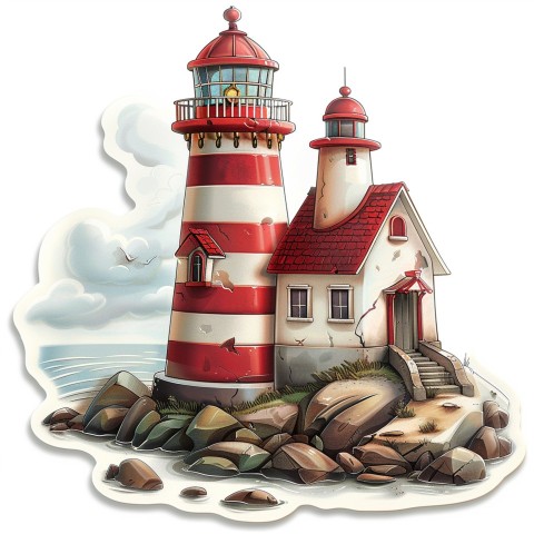 Cute Kawaii Stickers Serene Lighthouse Beaming Gentle Light on White Background (124)