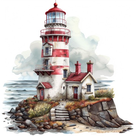 Cute Kawaii Stickers Serene Lighthouse Beaming Gentle Light on White Background (131)