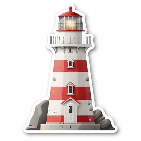 Cute Kawaii Stickers Serene Lighthouse Beaming Gentle Light on White Background (149)