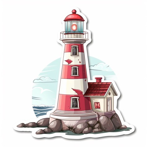 Cute Kawaii Stickers Serene Lighthouse Beaming Gentle Light on White Background (142)