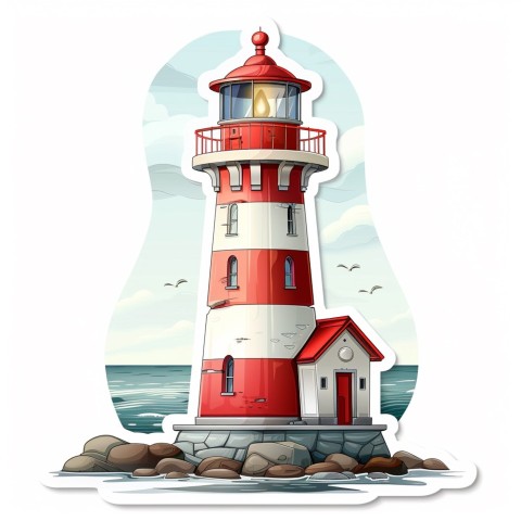 Cute Kawaii Stickers Serene Lighthouse Beaming Gentle Light on White Background (158)