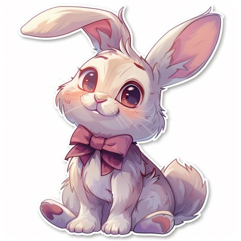 Cute Kawaii Stickers Shy Rabbit with Long Ears and Bow Tie on White Background (12)