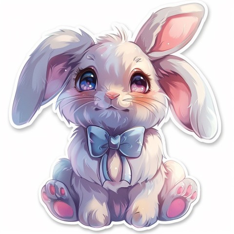 Cute Kawaii Stickers Shy Rabbit with Long Ears and Bow Tie on White Background (10)