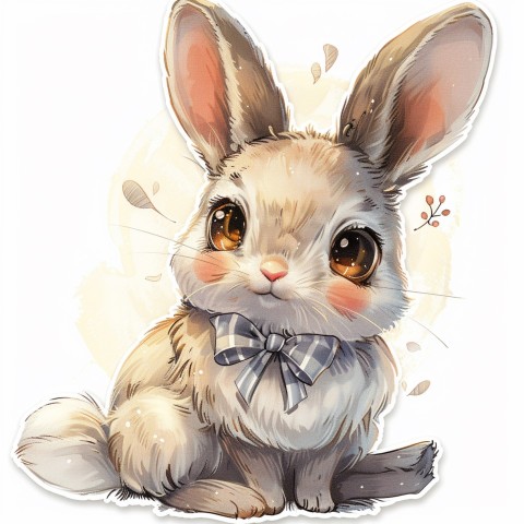 Cute Kawaii Stickers Shy Rabbit with Long Ears and Bow Tie on White Background (2)