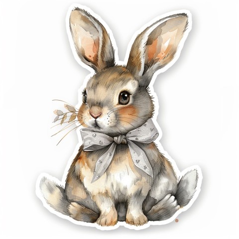 Cute Kawaii Stickers Shy Rabbit with Long Ears and Bow Tie on White Background (6)