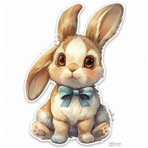 Cute Kawaii Stickers Shy Rabbit with Long Ears and Bow Tie on White Background (3)