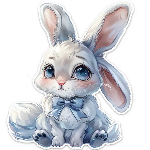 Cute Kawaii Stickers Shy Rabbit with Long Ears and Bow Tie on White Background (4)