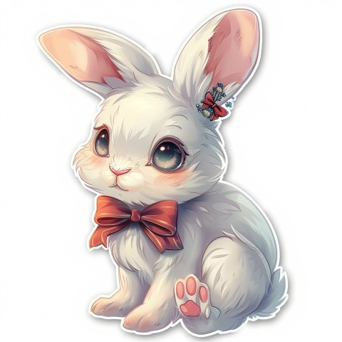 Cute Kawaii Stickers Shy Rabbit with Long Ears and Bow Tie on White Background (27)