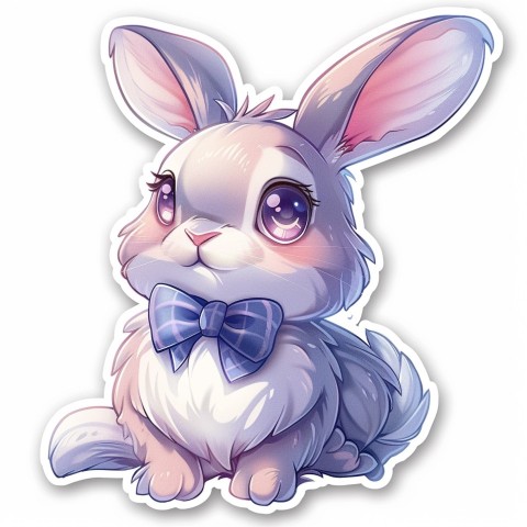 Cute Kawaii Stickers Shy Rabbit with Long Ears and Bow Tie on White Background (33)