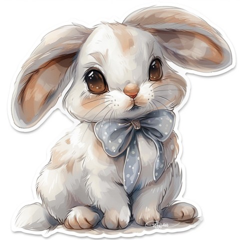 Cute Kawaii Stickers Shy Rabbit with Long Ears and Bow Tie on White Background (37)