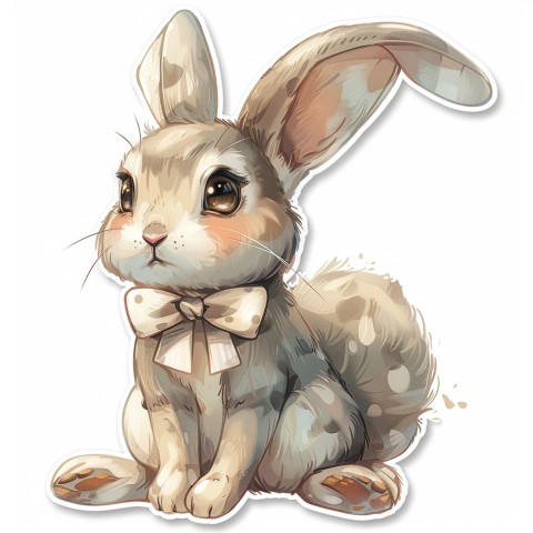 Cute Kawaii Stickers Shy Rabbit with Long Ears and Bow Tie on White Background (53)