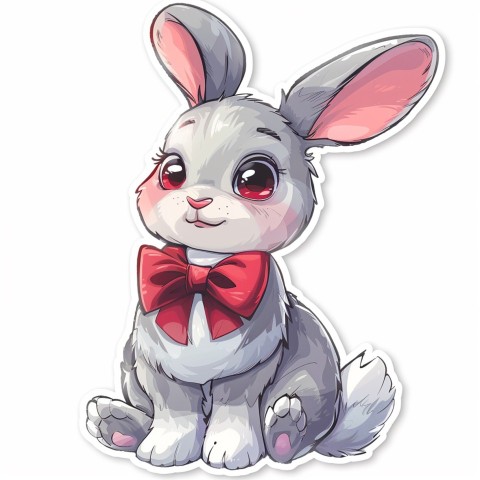 Cute Kawaii Stickers Shy Rabbit with Long Ears and Bow Tie on White Background (59)