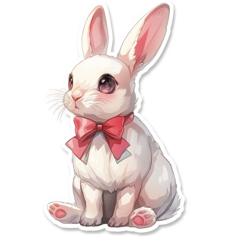 Cute Kawaii Stickers Shy Rabbit with Long Ears and Bow Tie on White Background (54)