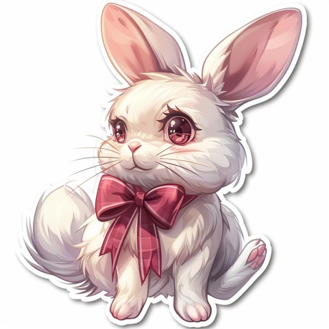 Cute Kawaii Stickers Shy Rabbit with Long Ears and Bow Tie on White Background (58)