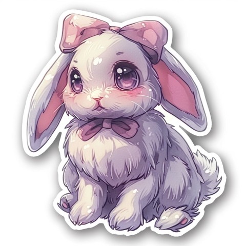 Cute Kawaii Stickers Shy Rabbit with Long Ears and Bow Tie on White Background (44)