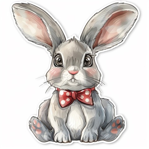 Cute Kawaii Stickers Shy Rabbit with Long Ears and Bow Tie on White Background (79)