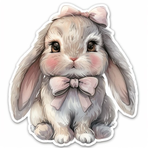 Cute Kawaii Stickers Shy Rabbit with Long Ears and Bow Tie on White Background (73)