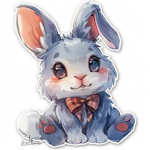 Cute Kawaii Stickers Shy Rabbit with Long Ears and Bow Tie on White Background (70)