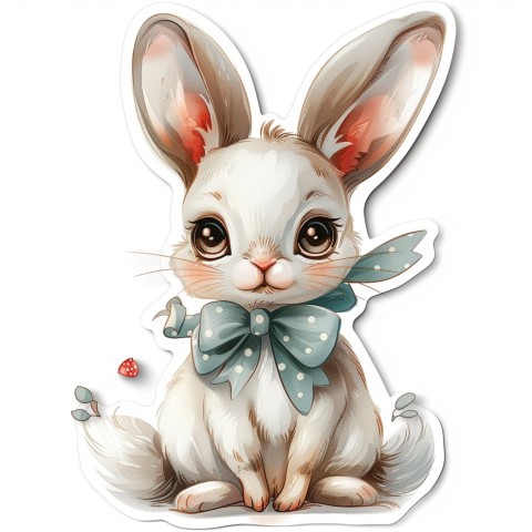 Cute Kawaii Stickers Shy Rabbit with Long Ears and Bow Tie on White Background (81)