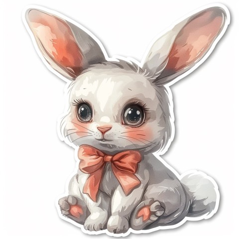 Cute Kawaii Stickers Shy Rabbit with Long Ears and Bow Tie on White Background (82)