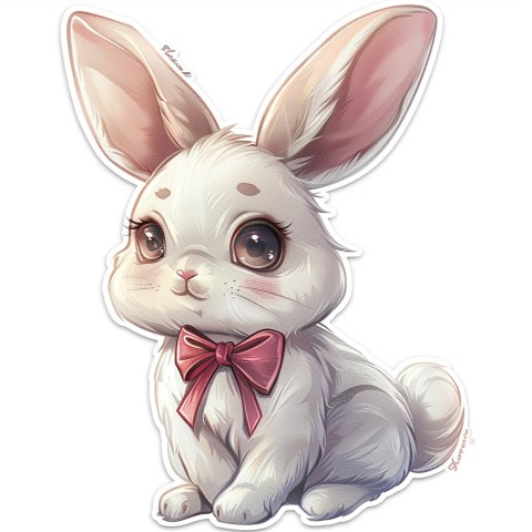 Cute Kawaii Stickers Shy Rabbit with Long Ears and Bow Tie on White Background (140)