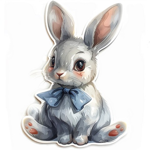 Cute Kawaii Stickers Shy Rabbit with Long Ears and Bow Tie on White Background (136)