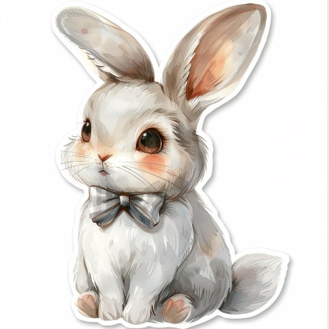 Cute Kawaii Stickers Shy Rabbit with Long Ears and Bow Tie on White Background (137)