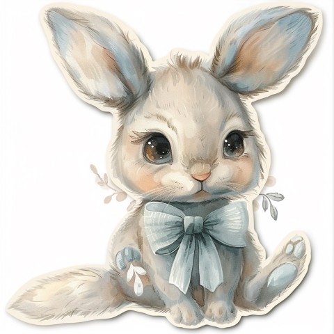 Cute Kawaii Stickers Shy Rabbit with Long Ears and Bow Tie on White Background (128)