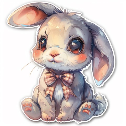 Cute Kawaii Stickers Shy Rabbit with Long Ears and Bow Tie on White Background (133)