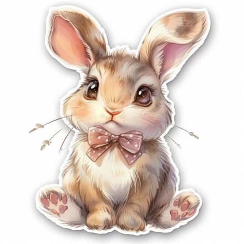 Cute Kawaii Stickers Shy Rabbit with Long Ears and Bow Tie on White Background (145)