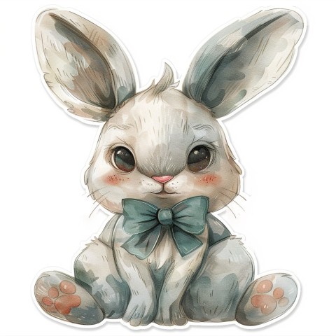 Cute Kawaii Stickers Shy Rabbit with Long Ears and Bow Tie on White Background (159)