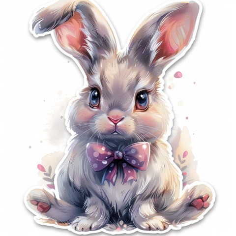 Cute Kawaii Stickers Shy Rabbit with Long Ears and Bow Tie on White Background (143)