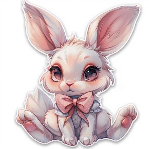 Cute Kawaii Stickers Shy Rabbit with Long Ears and Bow Tie on White Background (158)