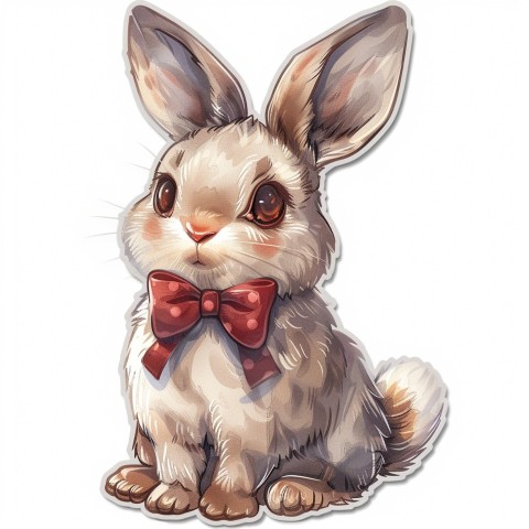 Cute Kawaii Stickers Shy Rabbit with Long Ears and Bow Tie on White Background (155)