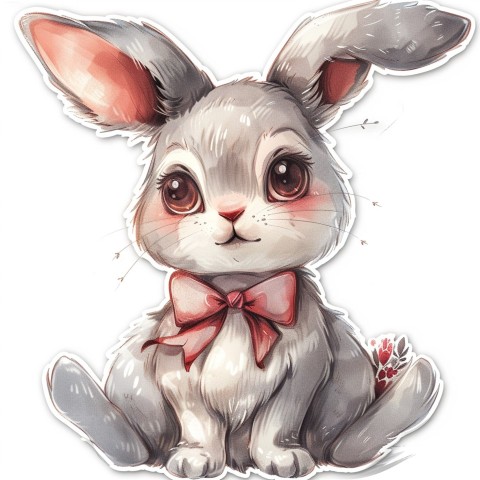 Cute Kawaii Stickers Shy Rabbit with Long Ears and Bow Tie on White Background (142)