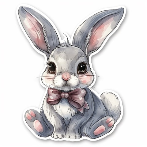 Cute Kawaii Stickers Shy Rabbit with Long Ears and Bow Tie on White Background (175)