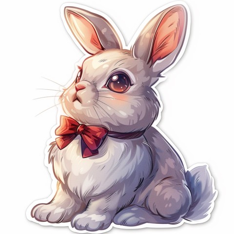 Cute Kawaii Stickers Shy Rabbit with Long Ears and Bow Tie on White Background (165)