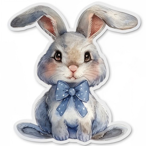 Cute Kawaii Stickers Shy Rabbit with Long Ears and Bow Tie on White Background (180)