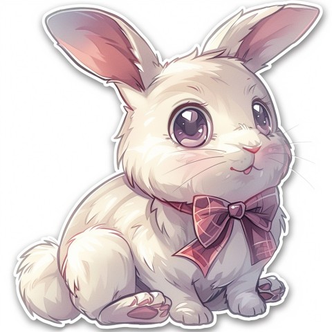 Cute Kawaii Stickers Shy Rabbit with Long Ears and Bow Tie on White Background (170)