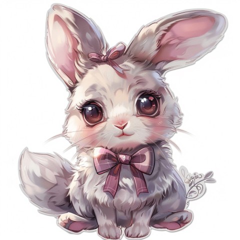 Cute Kawaii Stickers Shy Rabbit with Long Ears and Bow Tie on White Background (162)