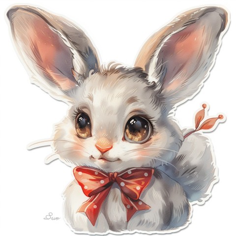 Cute Kawaii Stickers Shy Rabbit with Long Ears and Bow Tie on White Background (171)