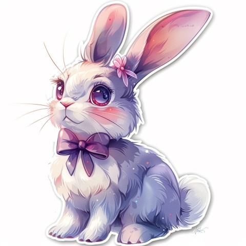 Cute Kawaii Stickers Shy Rabbit with Long Ears and Bow Tie on White Background (197)